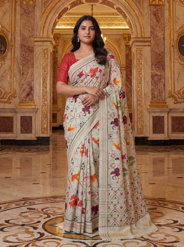 Cream Patan Patola Silk Saree