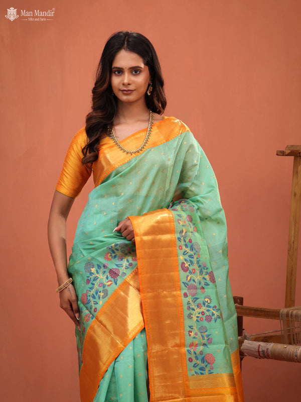 Teal Green - Orange Kanchipuram Kora Silk Saree