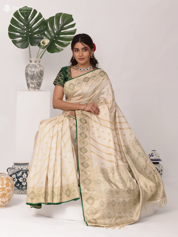 Cream - Green Kanchipuram Silk Saree