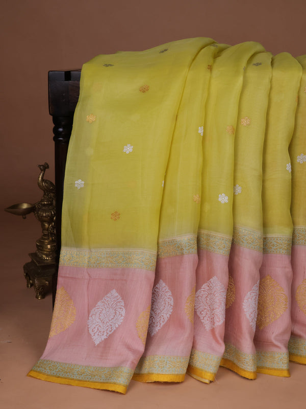 Lime Yellow-Peach Banarasi Kora Saree