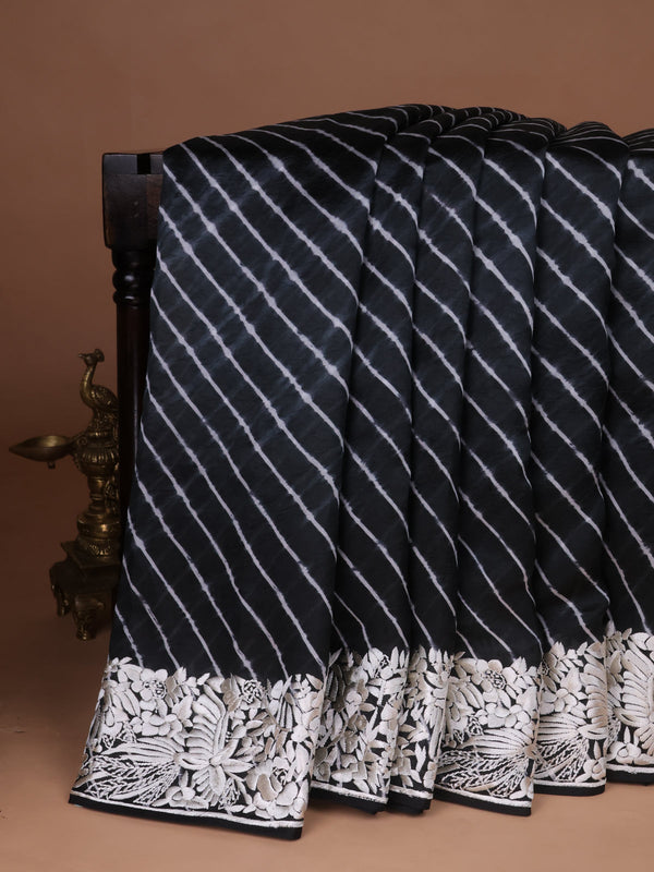Black Silk Leheriya Pattern Embroidery Saree