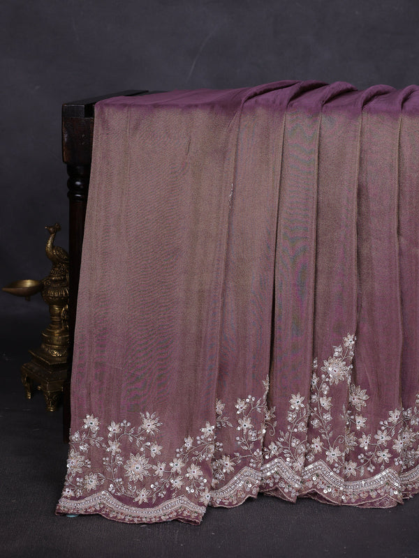 Dark Levender Georgette Tissue Embroidery Saree