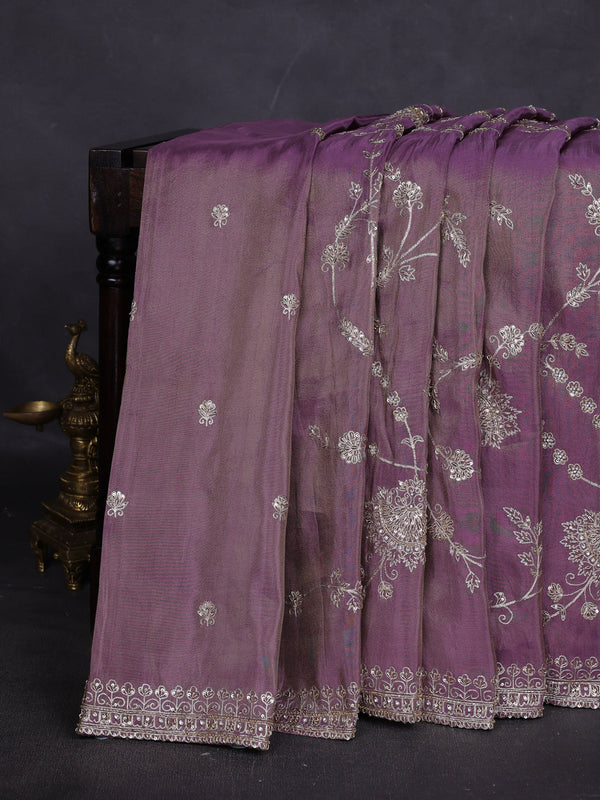 Dark Levender Georgette Tissue Embroidery Saree