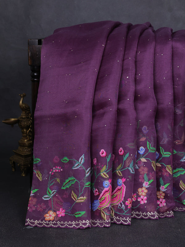 Wine Organza Embroidery Saree