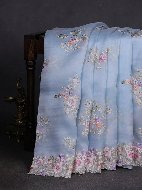 Aqua Mint Organza Embroidery Silk Saree