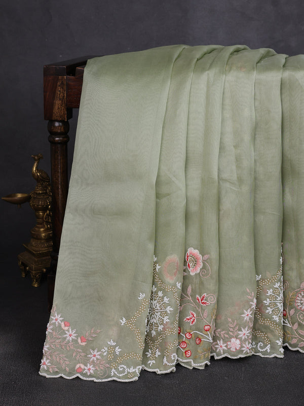 Pastel Green Organza Embroidery Silk Saree