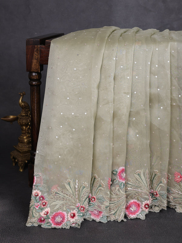 Pastel Green Organza Embroidery Silk Saree