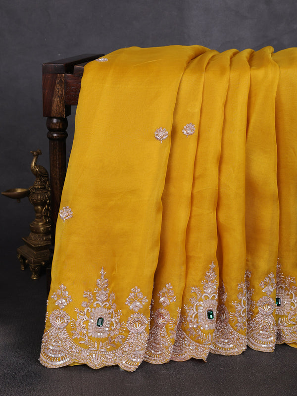 Yellow Organza Embroidery Silk Saree