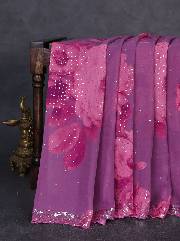Pastel Purple - Pink Georgette Sequin Embroidery Saree