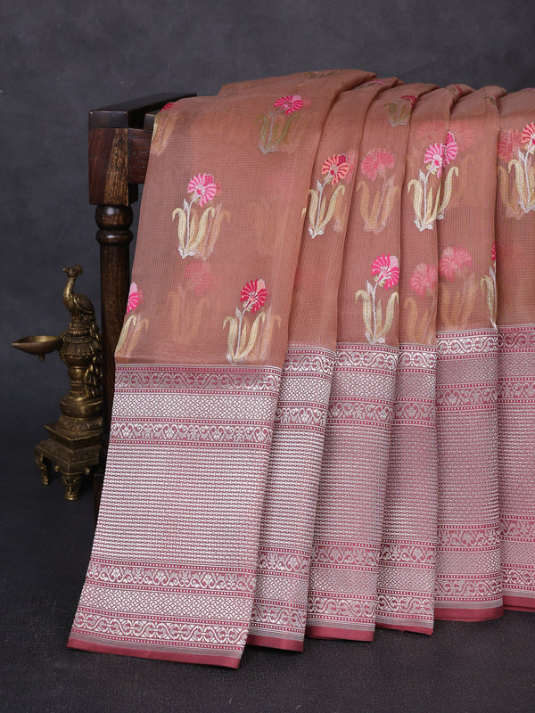 Pastel Peach - Dark Peach Banarasi Kora Silk Saree