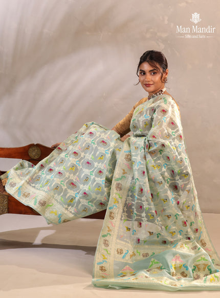 Teal Blue Banarasi Kora Saree