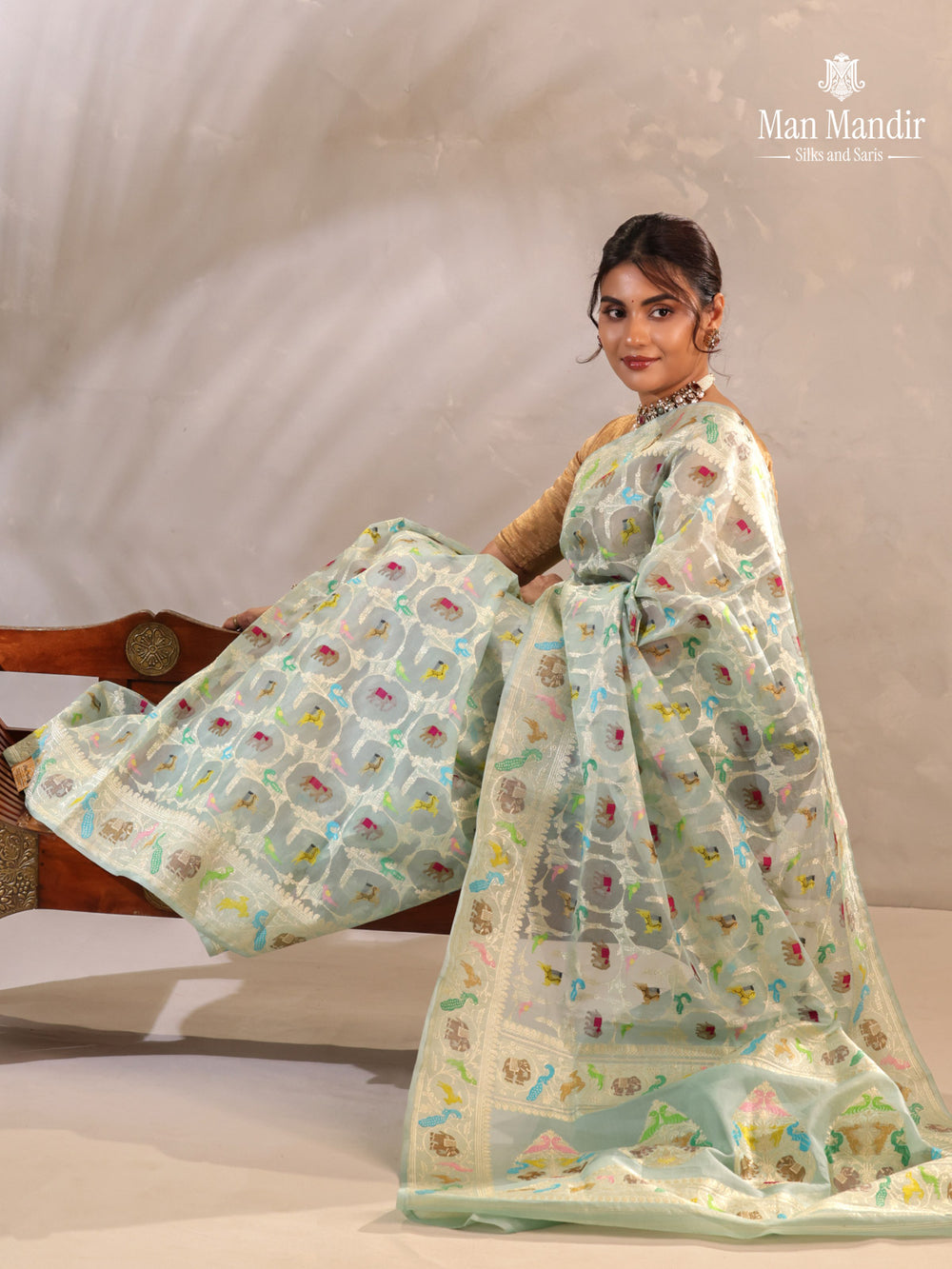 Teal Blue Banarasi Kora Saree