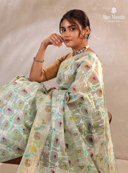 Teal Blue Banarasi Kora Saree