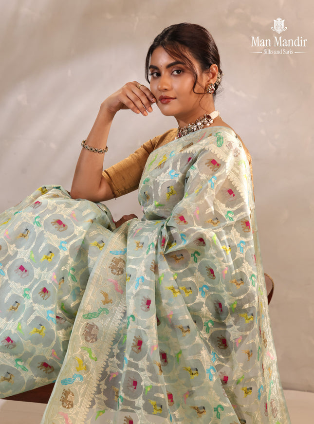 Teal Blue Banarasi Kora Saree