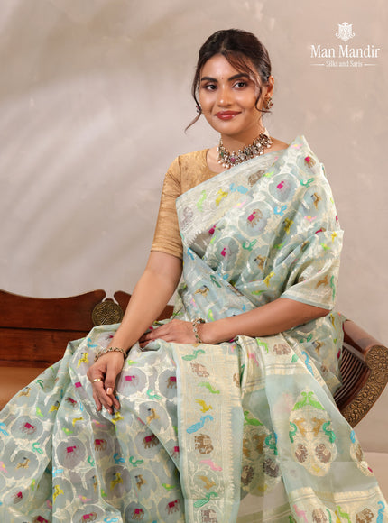 Teal Blue Banarasi Kora Saree