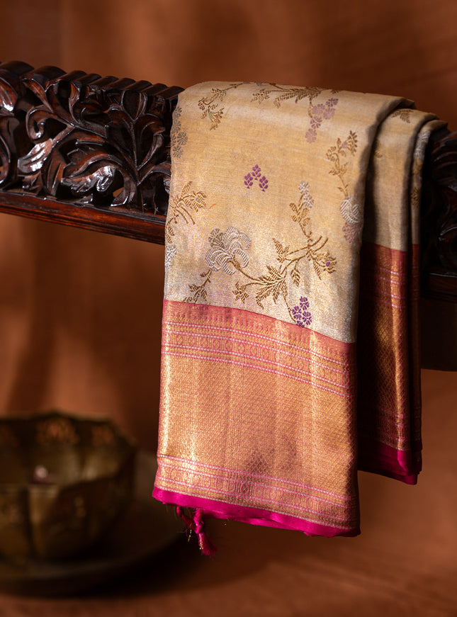 Gold - Pink Tissue Kanchipuram Silk Saree With Zari Weaves