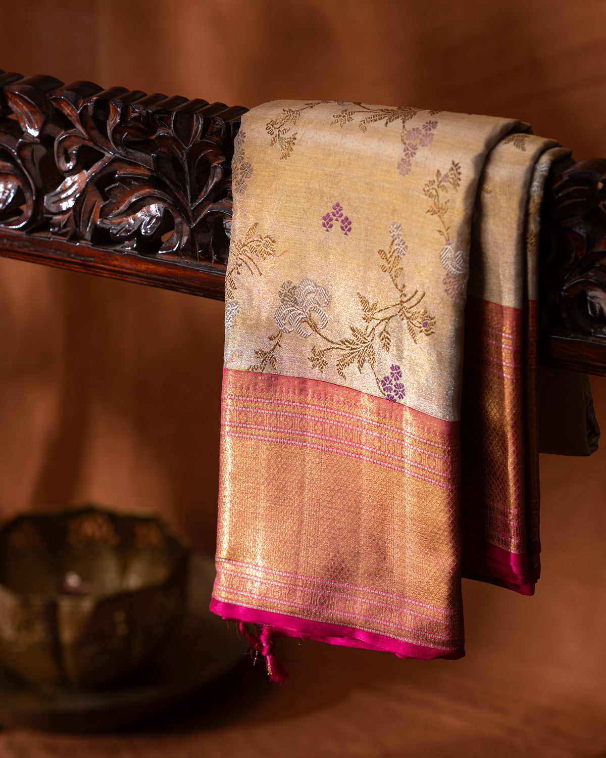 Gold - Pink Tissue Kanchipuram Silk Saree With Zari Weaves