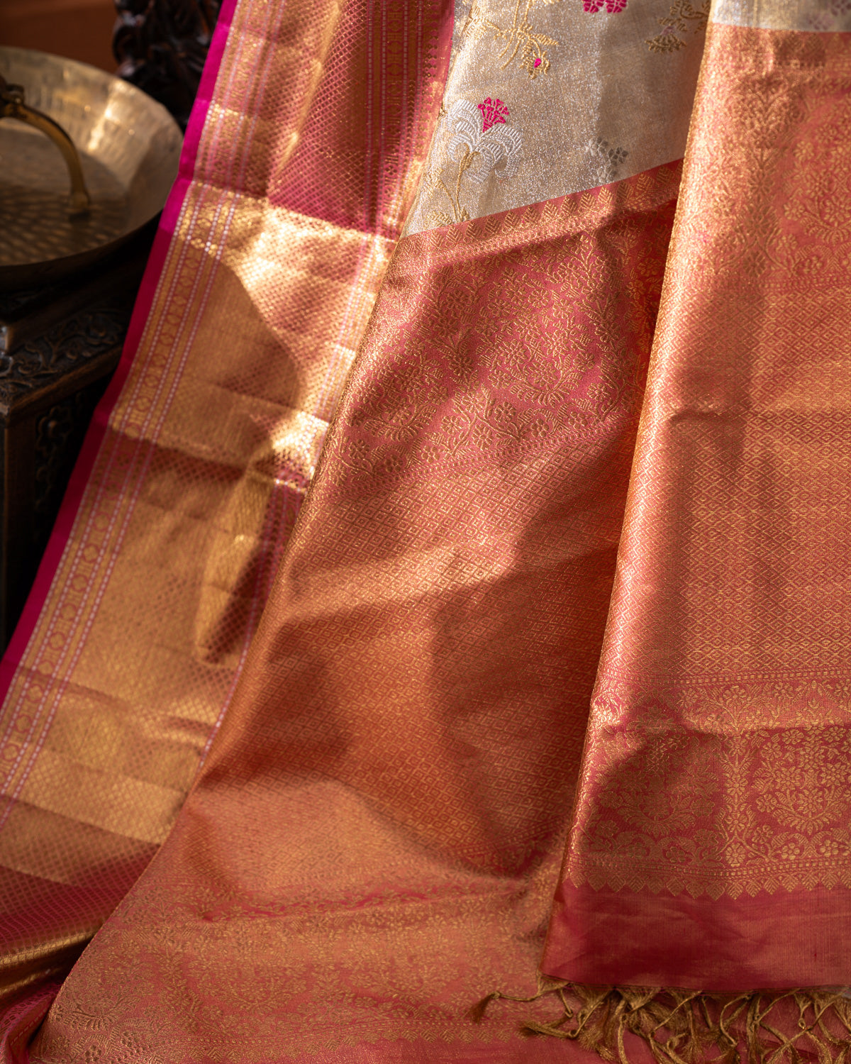 Gold - Pink Tissue Kanchipuram Silk Saree With Zari Weaves