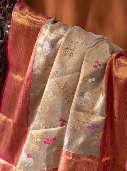 Gold - Pink Tissue Kanchipuram Silk Saree With Zari Weaves