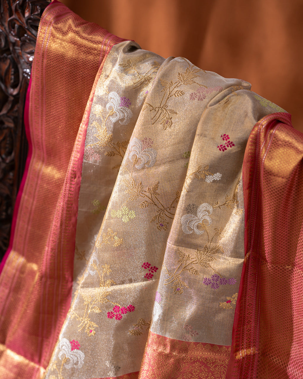 Gold - Pink Tissue Kanchipuram Silk Saree With Zari Weaves