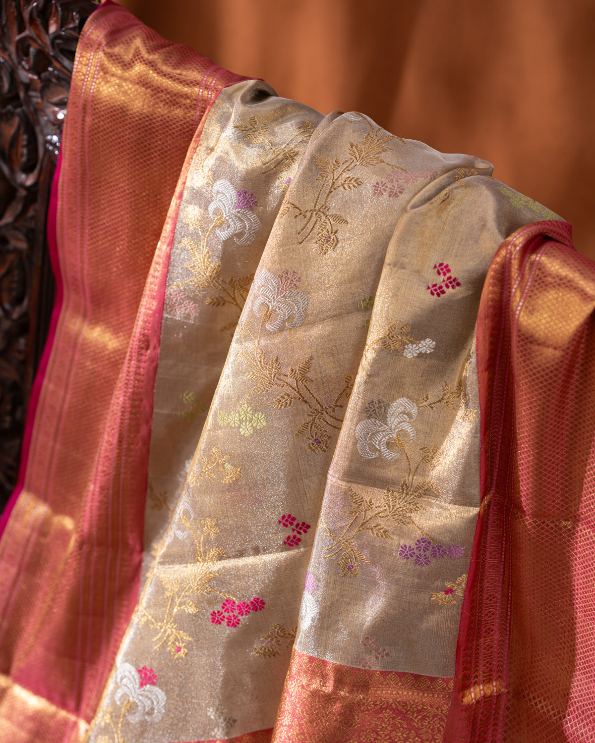 Gold - Pink Tissue Kanchipuram Silk Saree With Zari Weaves