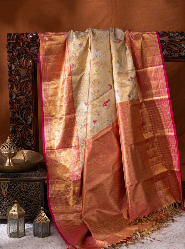 Gold - Pink Tissue Kanchipuram Silk Saree With Zari Weaves