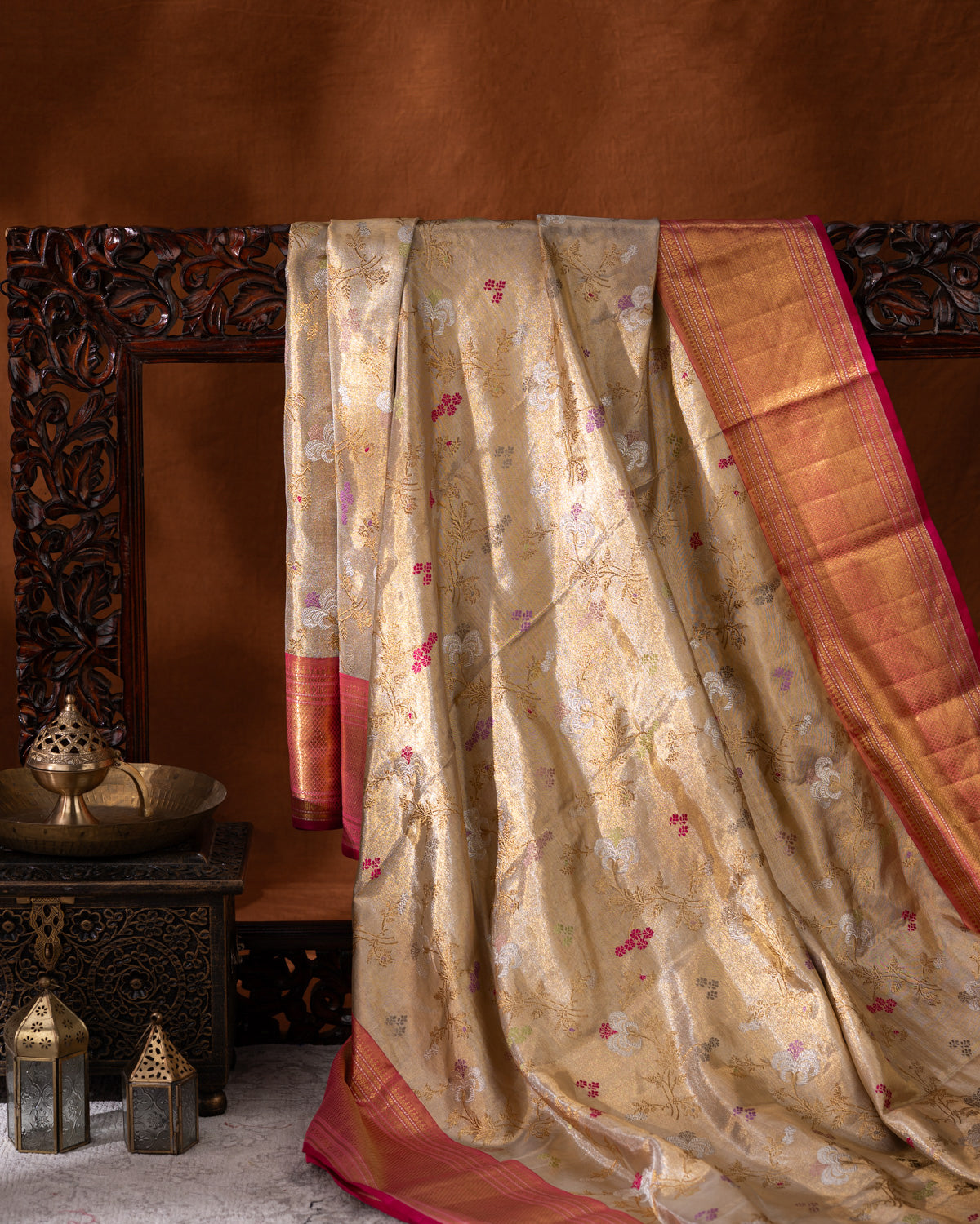 Gold - Pink Tissue Kanchipuram Silk Saree With Zari Weaves