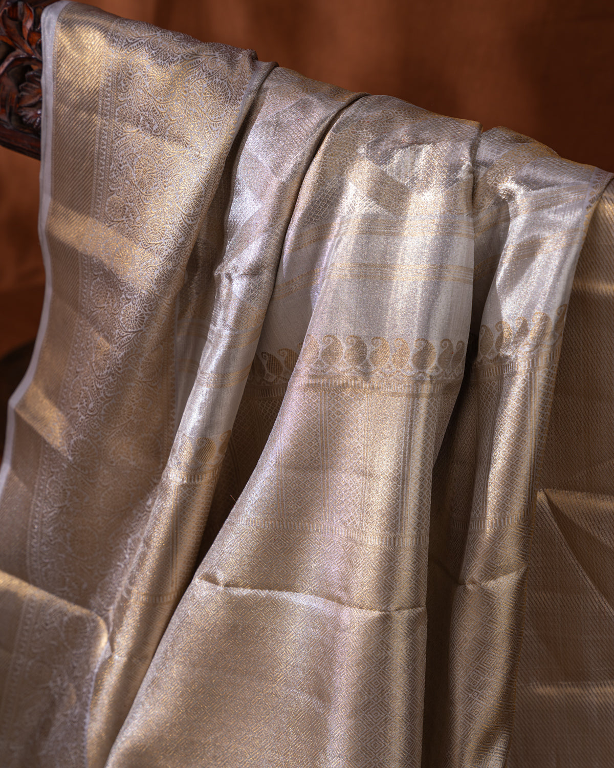 Silver Tissue Kanchipuram Silk Saree With Geometric Zari Weaves