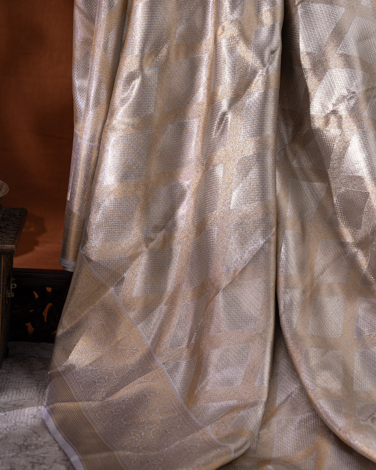 Silver Tissue Kanchipuram Silk Saree With Geometric Zari Weaves