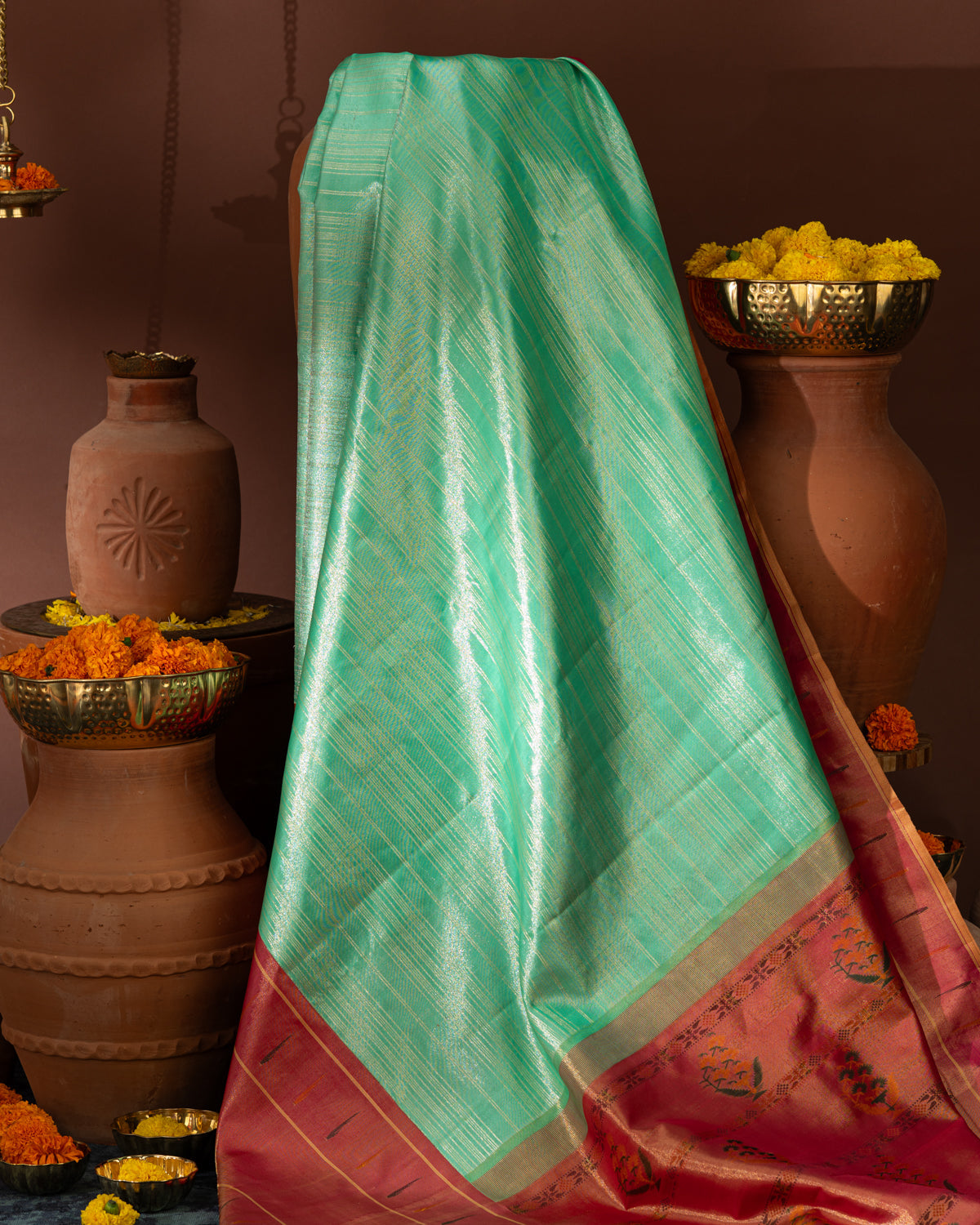 Teal - Pink Kanchipuram Silk Saree With Allover Zari Weaves