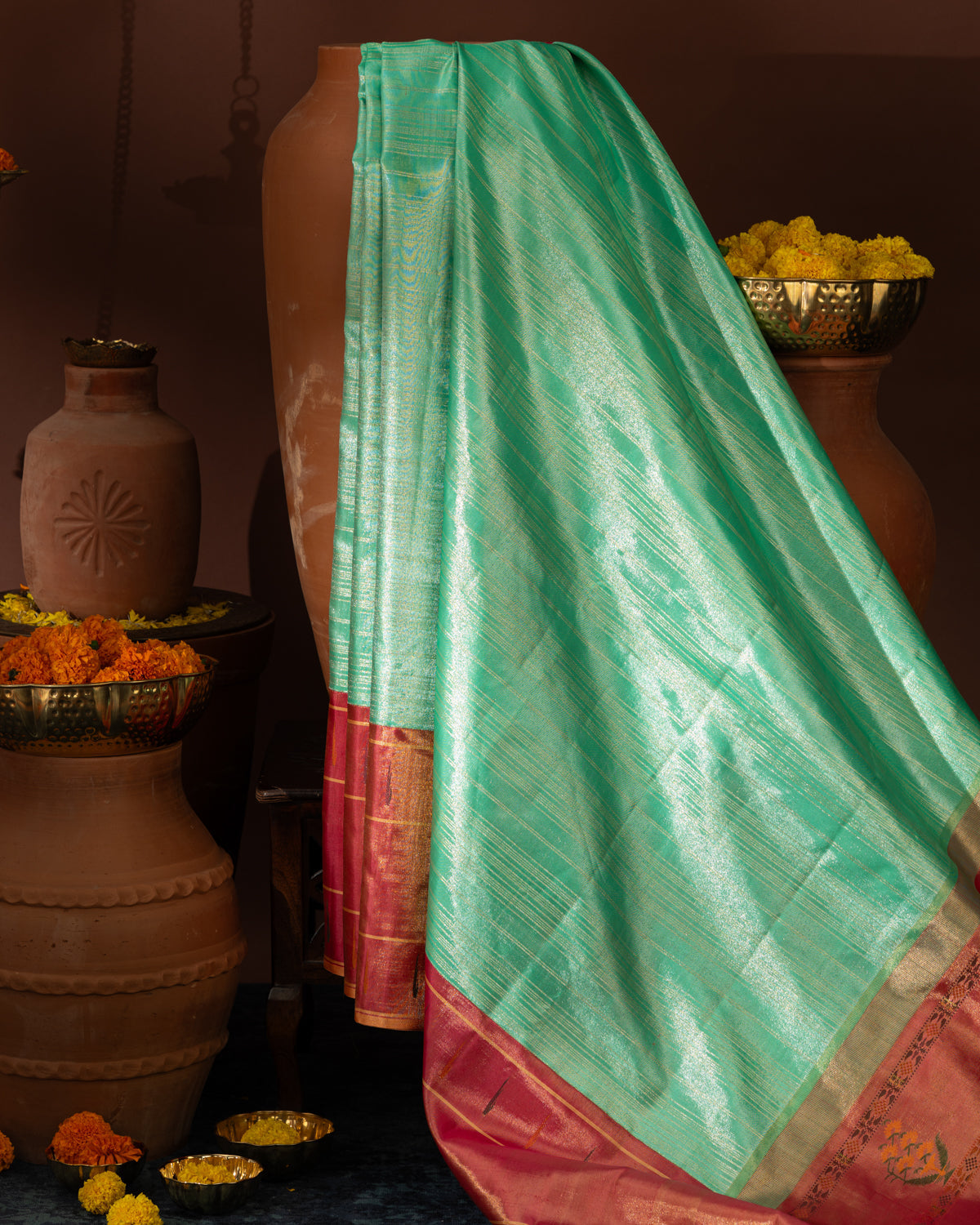 Teal - Pink Kanchipuram Silk Saree With Allover Zari Weaves