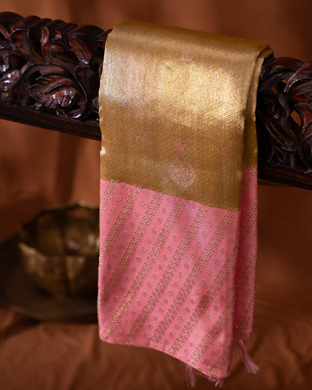 Gold - Pink Tissue Kanchipuram Silk Saree With Golden Zari Butta