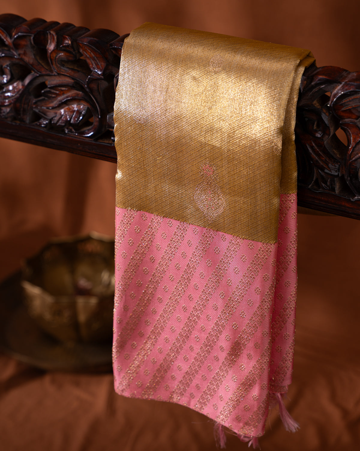 Gold - Pink Tissue Kanchipuram Silk Saree With Golden Zari Butta
