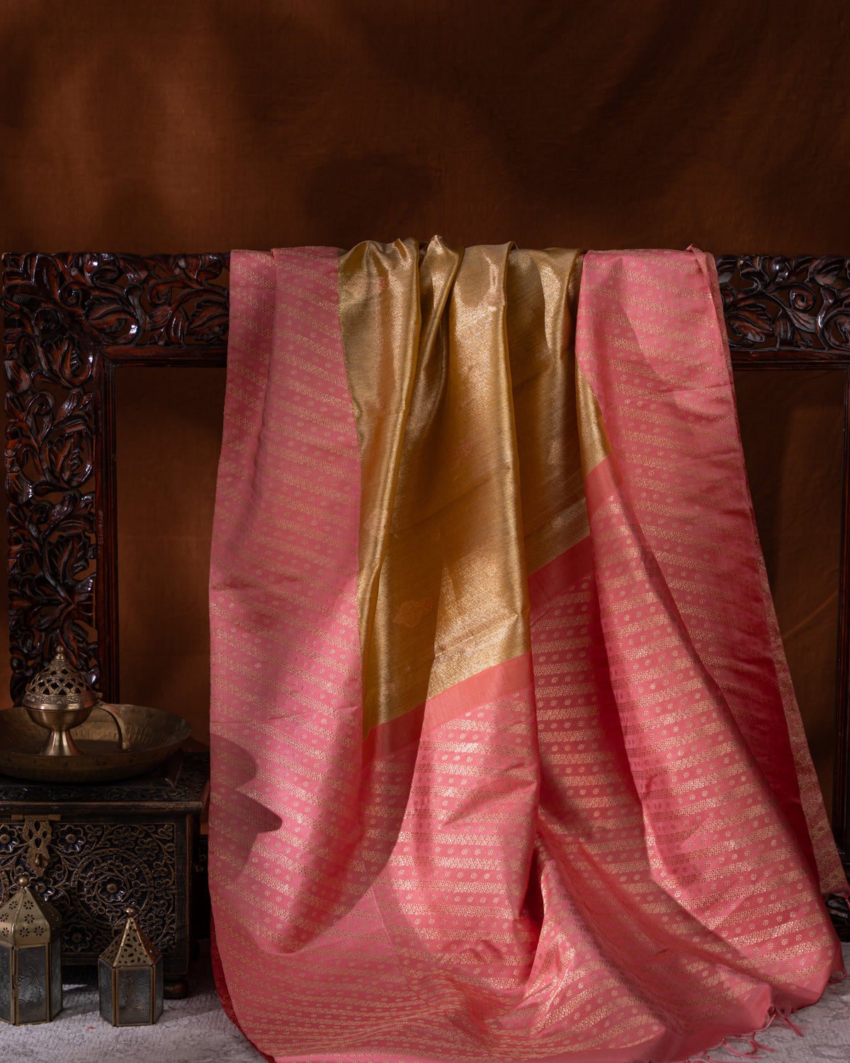 Gold - Pink Tissue Kanchipuram Silk Saree With Golden Zari Butta
