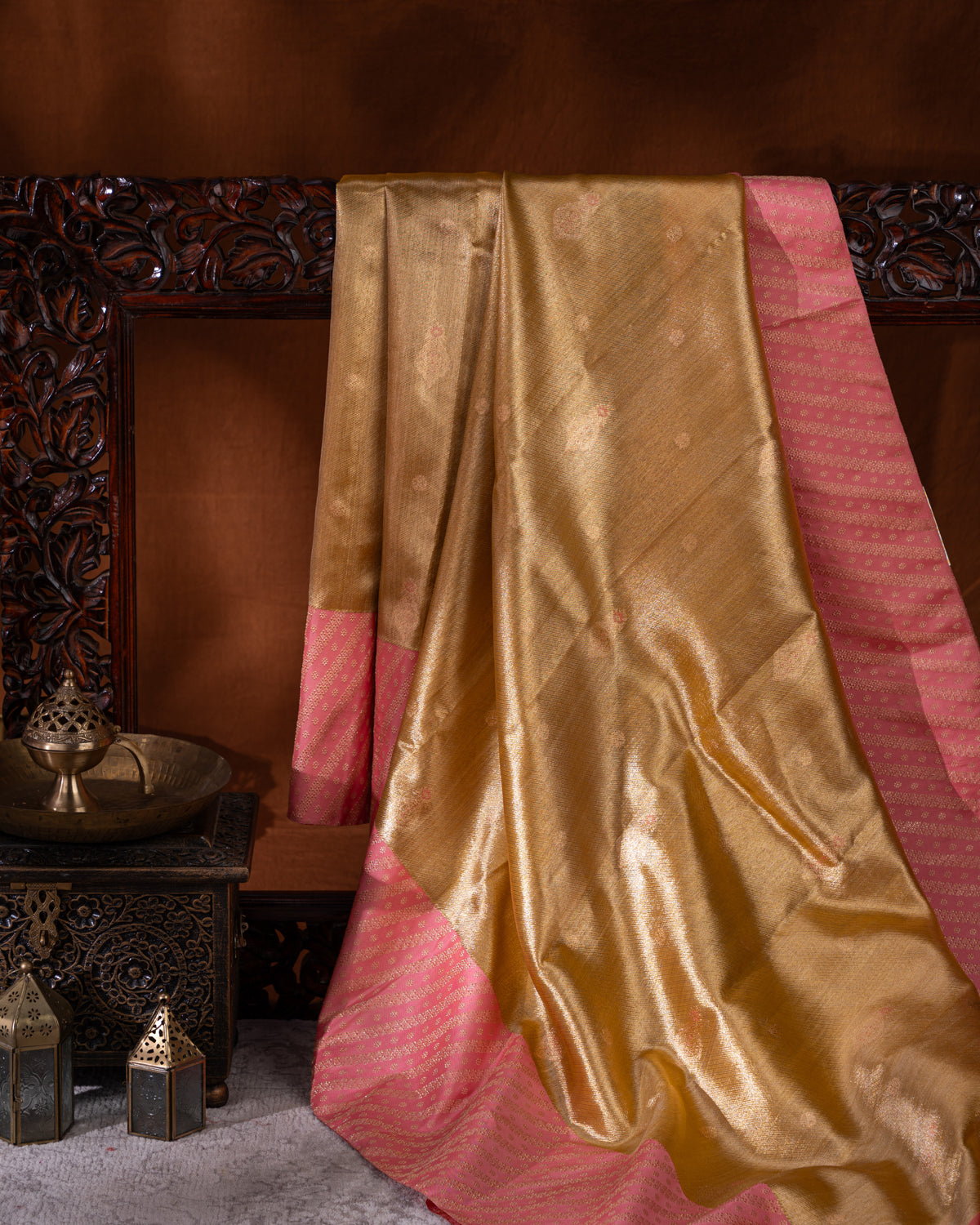 Gold - Pink Tissue Kanchipuram Silk Saree With Golden Zari Butta