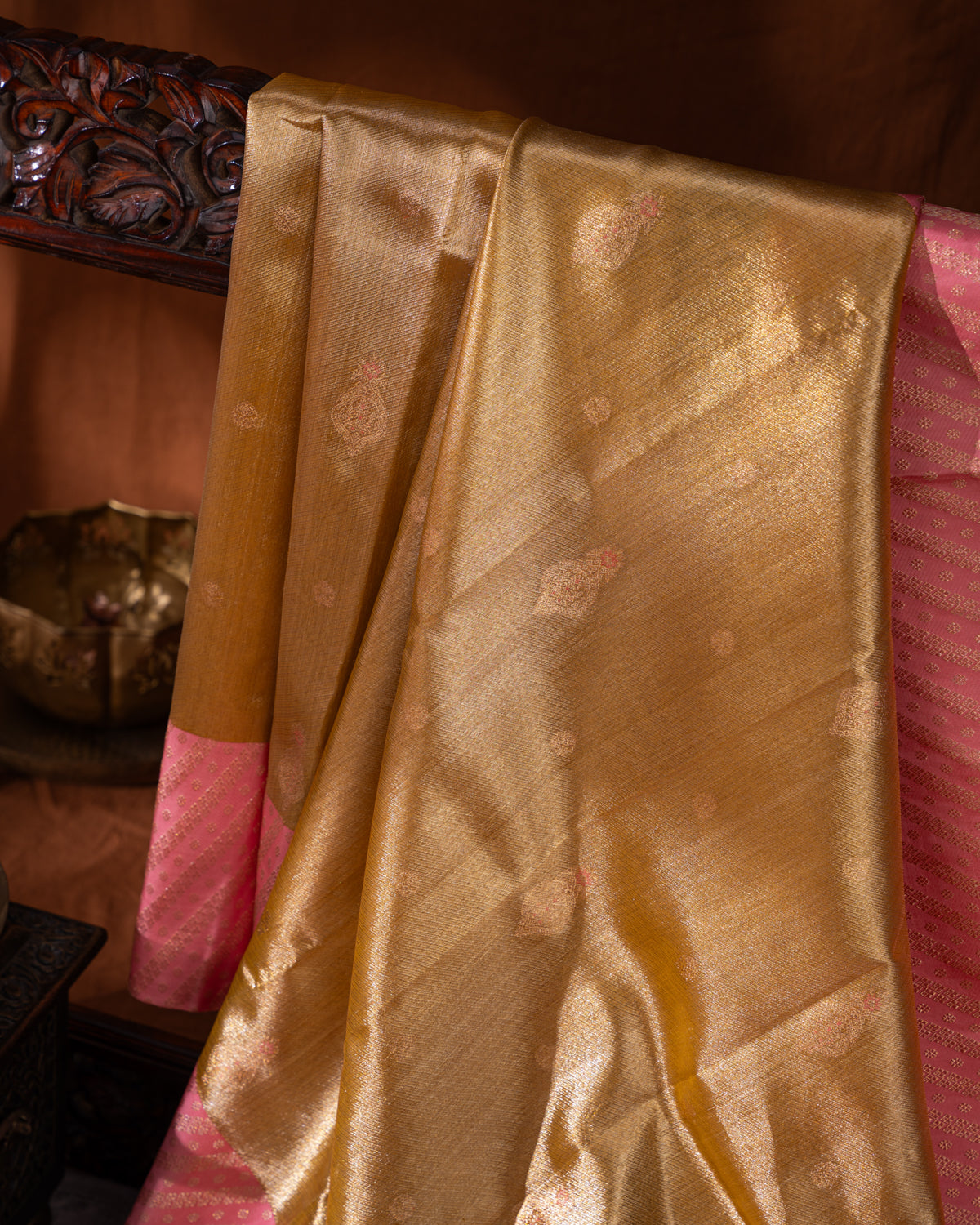 Gold - Pink Tissue Kanchipuram Silk Saree With Golden Zari Butta