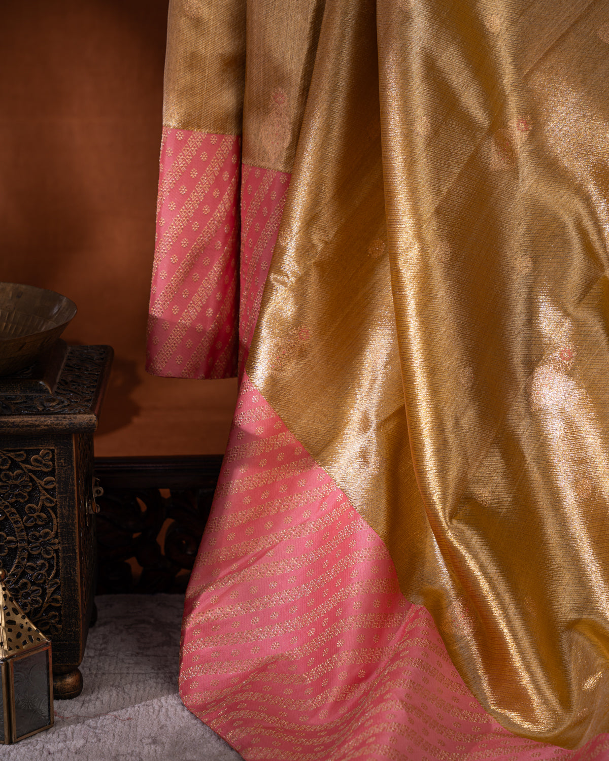 Gold - Pink Tissue Kanchipuram Silk Saree With Golden Zari Butta
