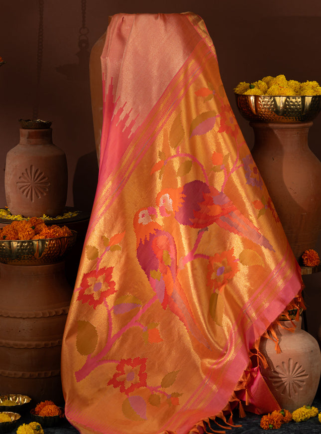 Dual Tone Pink Kanchipuram Silk Saree With Long Rich Temple Border