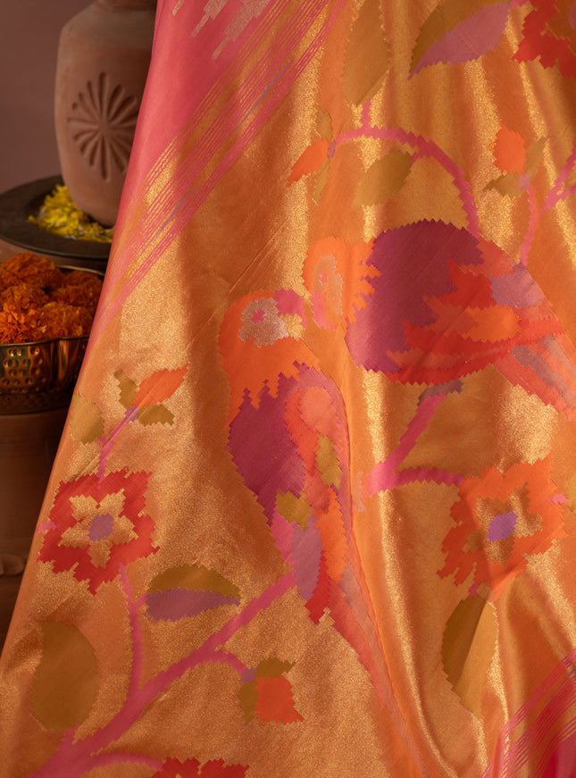 Dual Tone Pink Kanchipuram Silk Saree With Long Rich Temple Border