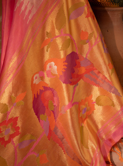 Dual Tone Pink Kanchipuram Silk Saree With Long Rich Temple Border