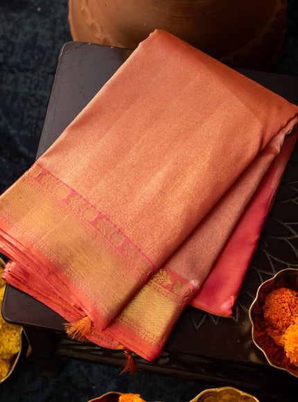 Dual Tone Pink Kanchipuram Silk Saree With Long Rich Temple Border