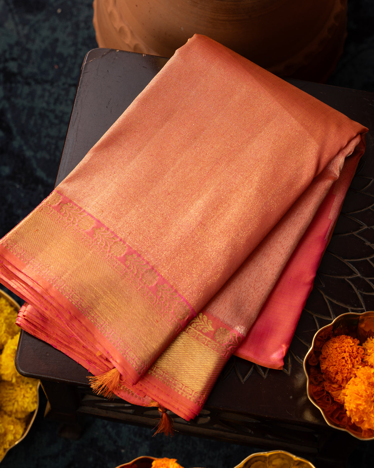Dual Tone Pink Kanchipuram Silk Saree With Long Rich Temple Border