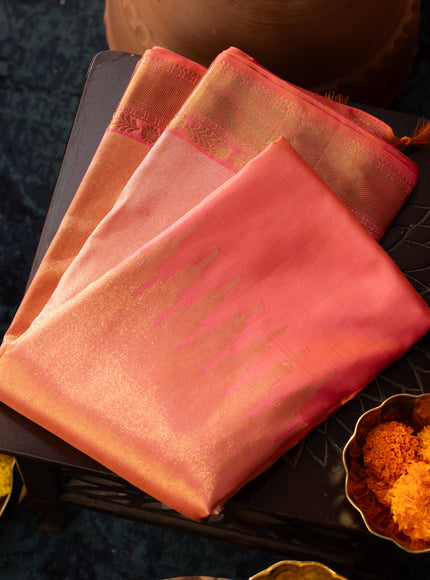 Dual Tone Pink Kanchipuram Silk Saree With Long Rich Temple Border