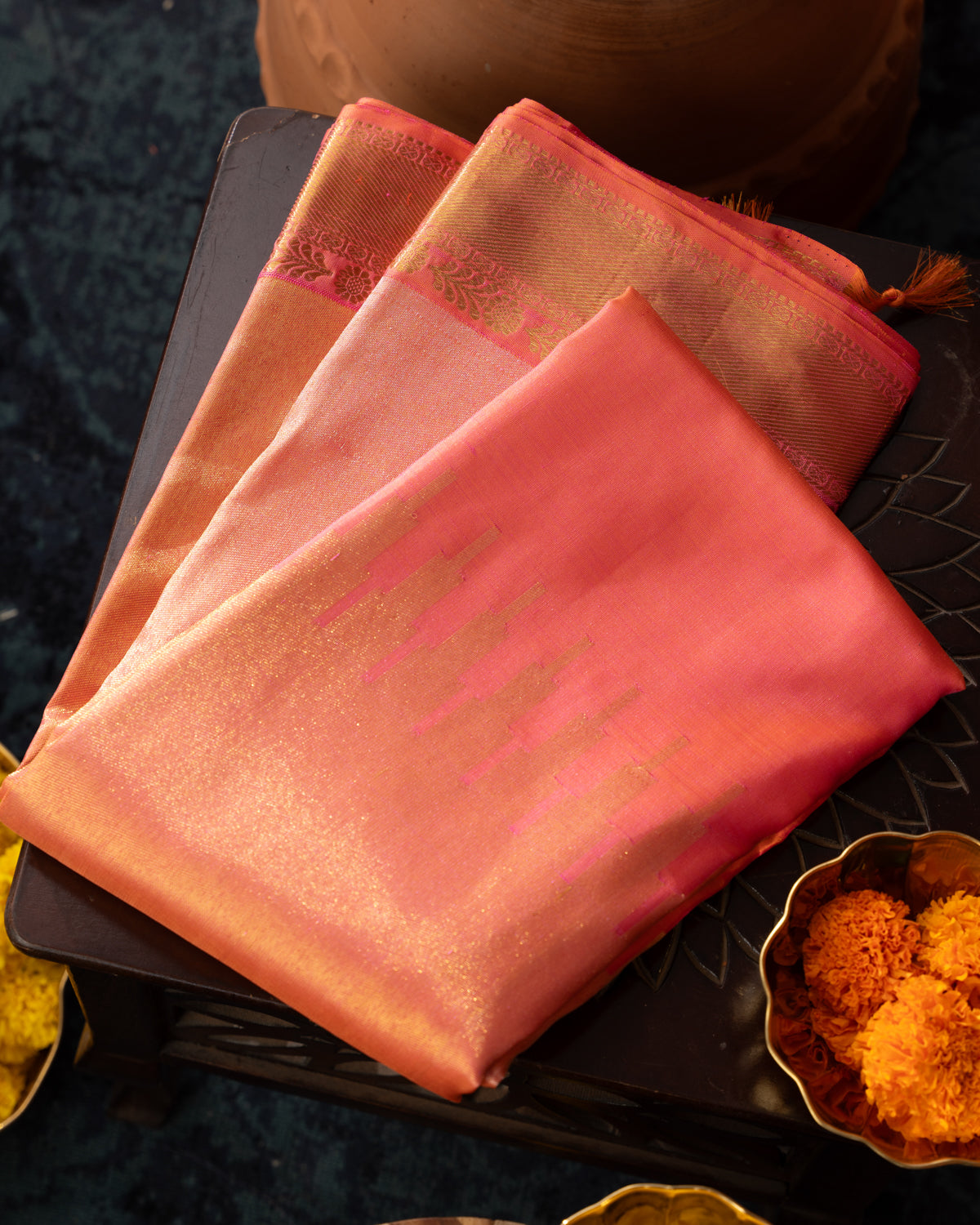 Dual Tone Pink Kanchipuram Silk Saree With Long Rich Temple Border