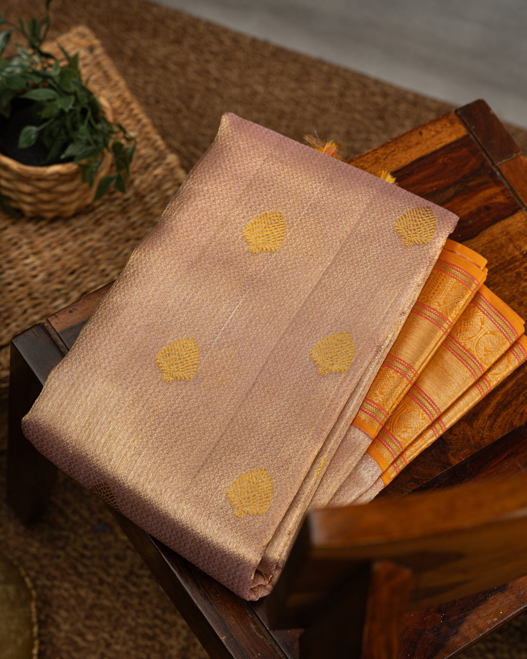 Baby Pink Tissue Kanchipuram Kora With Golden Zari Butta