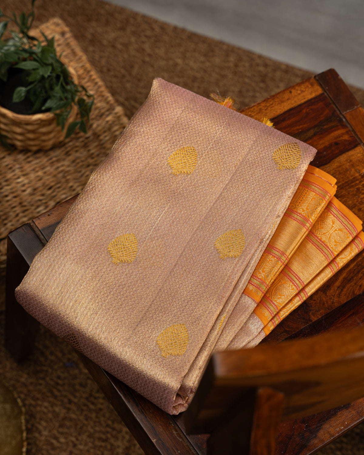 Baby Pink Tissue Kanchipuram Kora With Golden Zari Butta