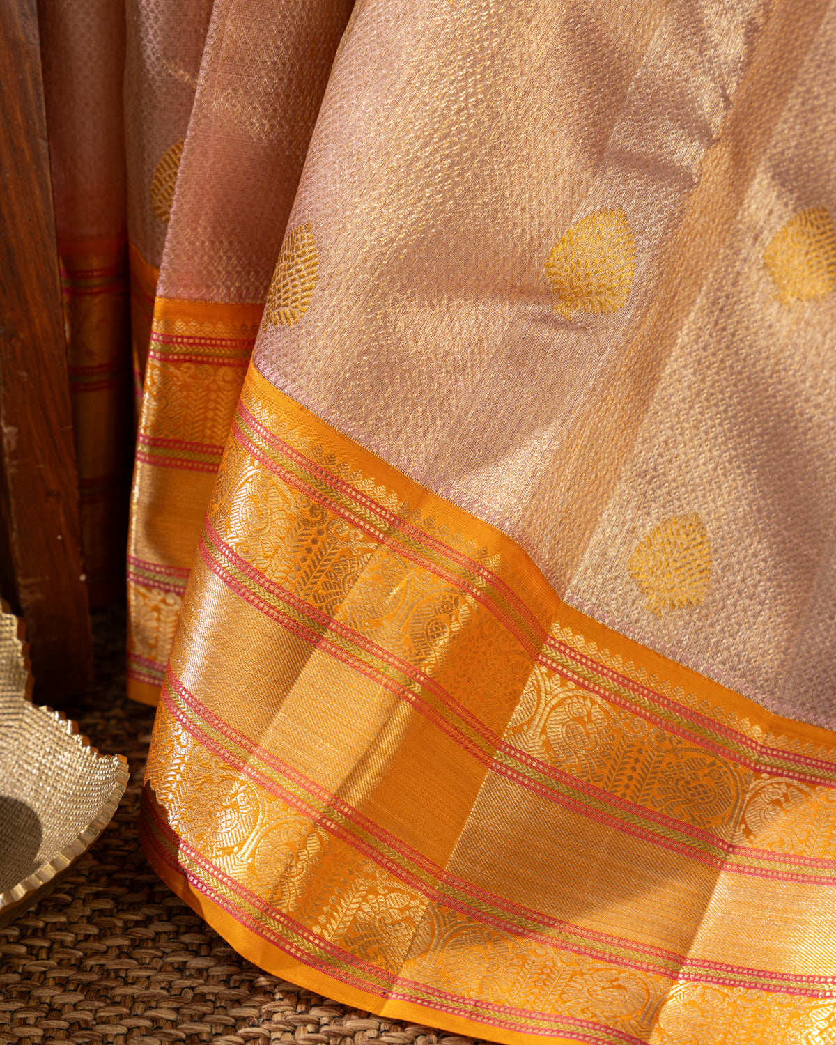Baby Pink Tissue Kanchipuram Kora With Golden Zari Butta