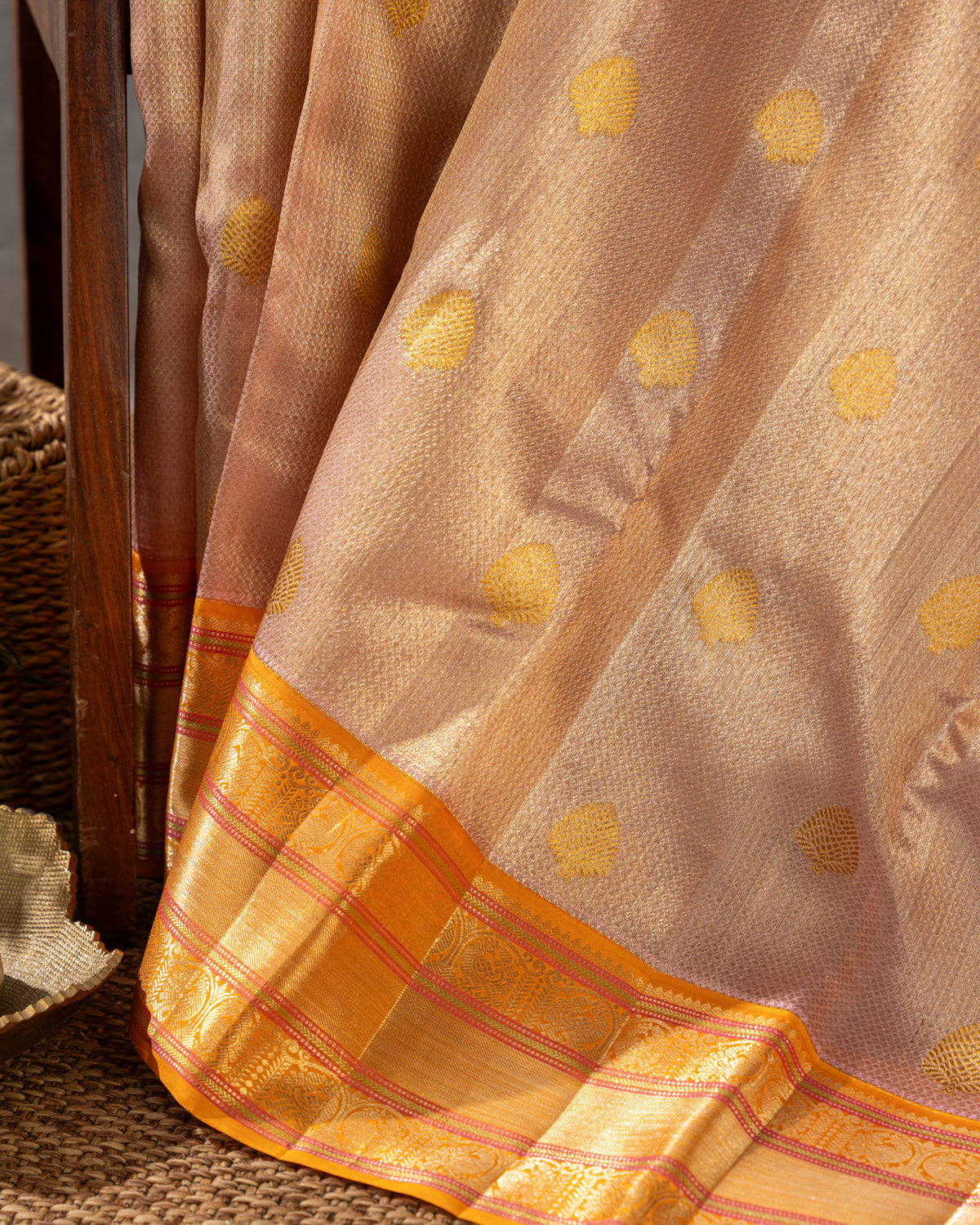 Baby Pink Tissue Kanchipuram Kora With Golden Zari Butta