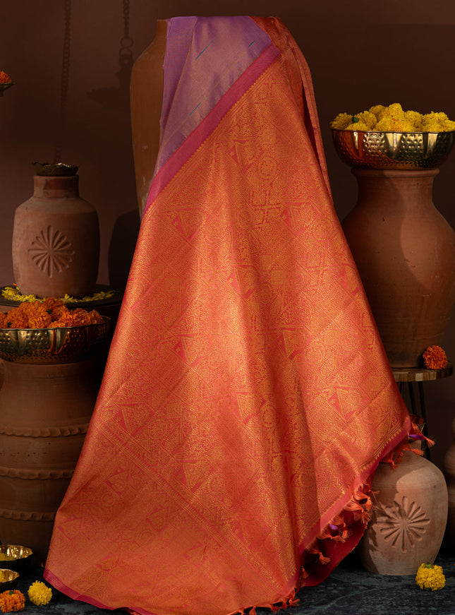 Lavender - Pink Tissue Kanchipuram Silk Saree With Long & Short Zari Border