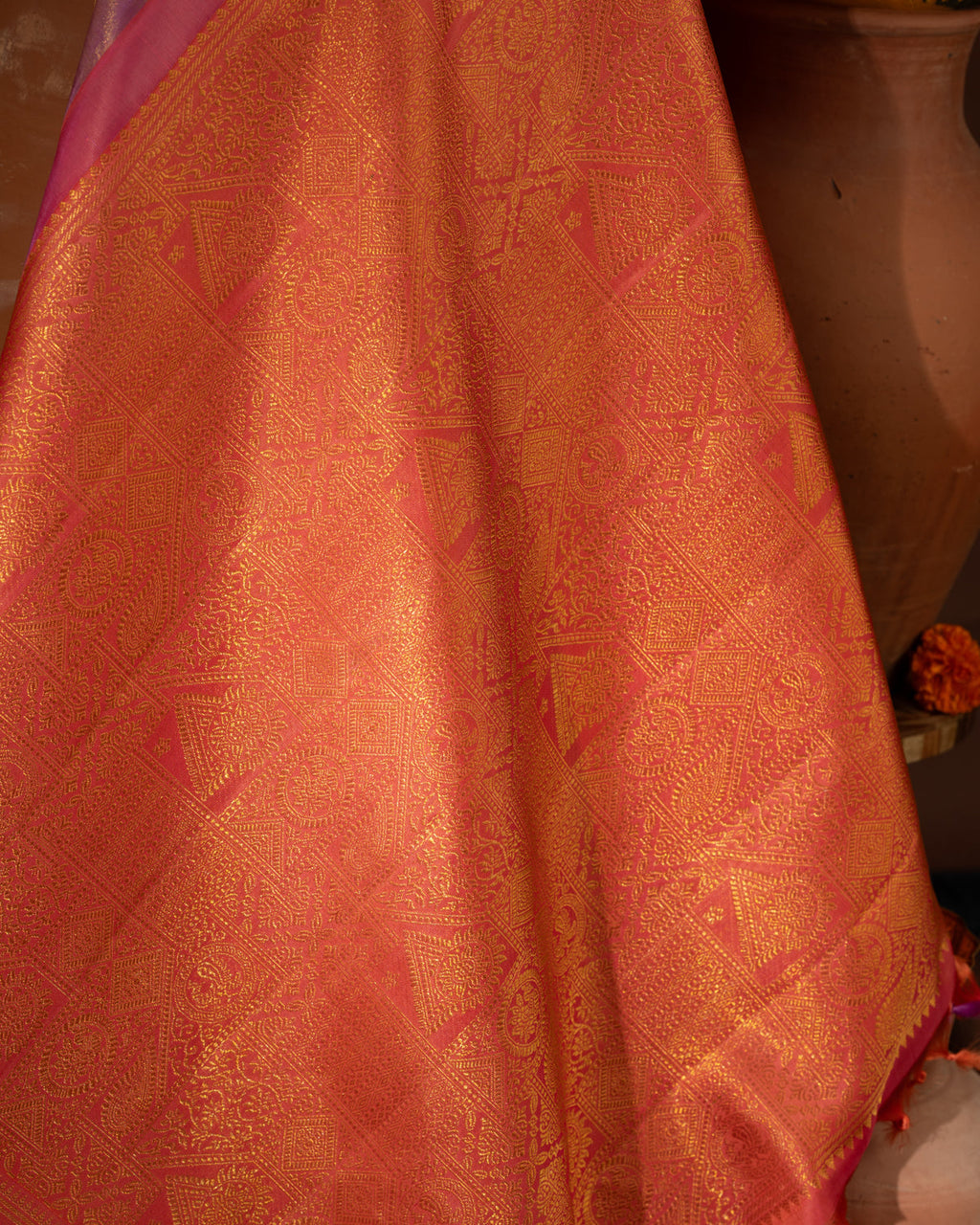 Lavender - Pink Tissue Kanchipuram Silk Saree With Long & Short Zari Border
